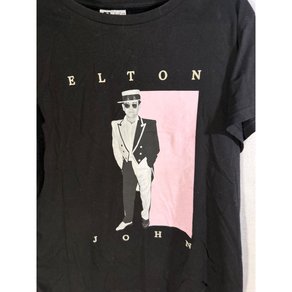 Elton John Graphic T-Shirt Black Rocketman Portrait Rock Music Tee Large